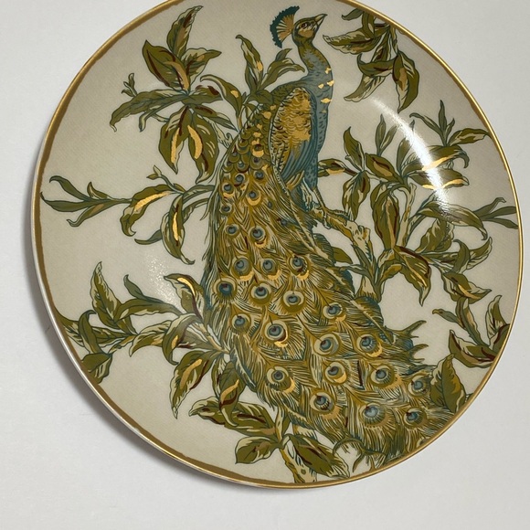 Pottery Barn Peacock Plates 9.5" Art Nouveau Ceramic Green Teal Gold White - Picture 3 of 13